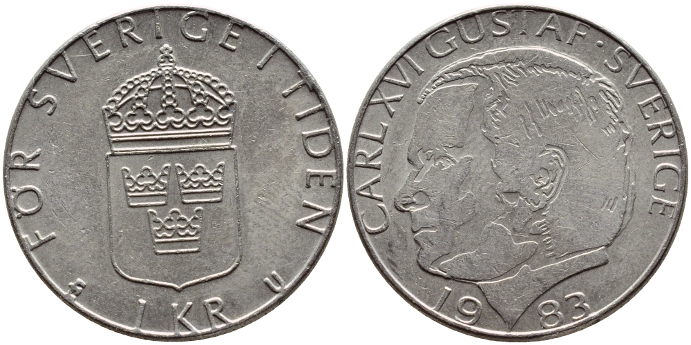 Швеция 1 крона 1983 Карл XVI Густав (1973- ) KM 852a медно-никель 4397-1115
