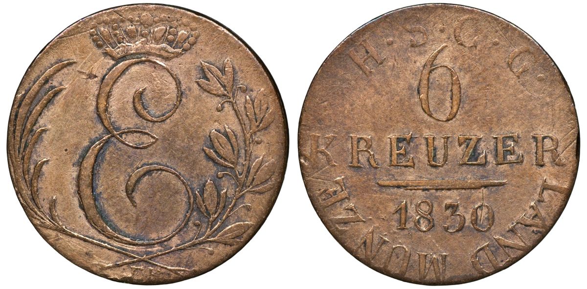 Саксен-Кобург-Заальфельд 6 крейцеров 1830 EK, Эрнст I (1826-1844) KM 11 серебро    116-659