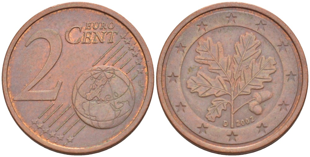 ГЕРМАНИЯ 2 ЕВРОЦЕНТА 2002 D KM 208 сталь плакированная медью 4532-325