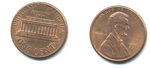 США 1 ЦЕНТ 1991 ЛИНКОЛЬН KM 201b цинк плакированный медью 86-255