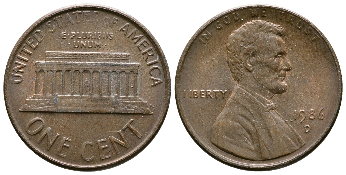 США 1 цент 1986 D, Линкольн KM 201b цинк плакированный медью    4608-369