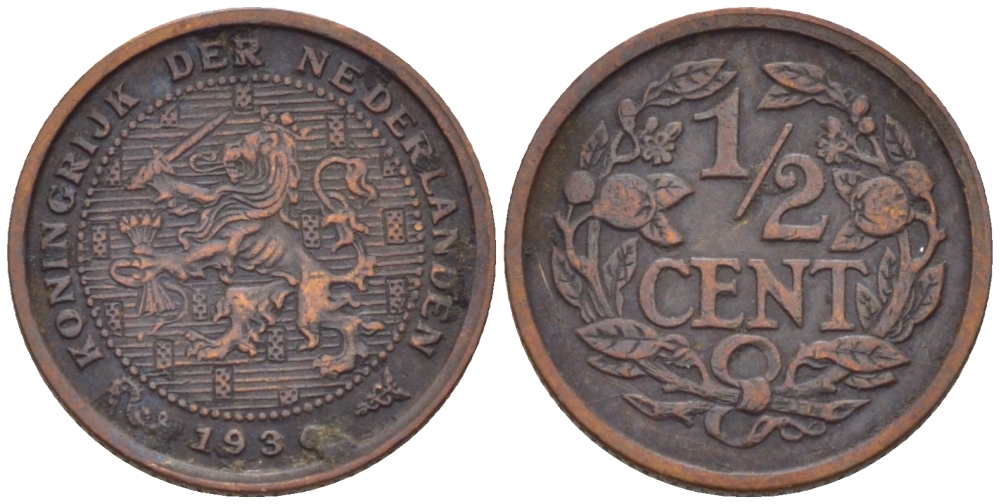НИДЕРЛАНДЫ 1/2 ЦЕНТА 1930 ВИЛЬГЕЛЬМИНА (1890-1948) KM 138 бронза 39-223