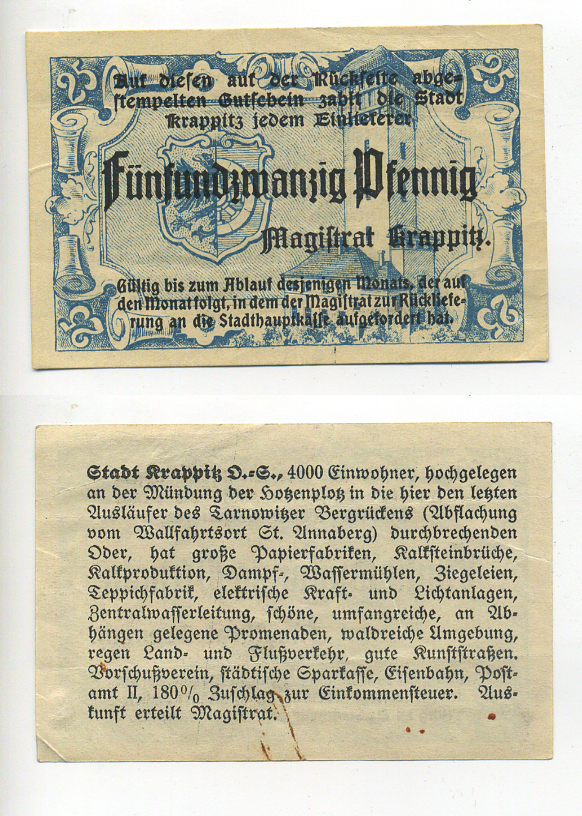 КРАППИЦ (КРАПКОВИЦЕ ПОЛЬША) 25 ПФЕННИГОВ 1921 НОТГЕЛЬД Grabowski K49.2 бумага 6317-32-2-1