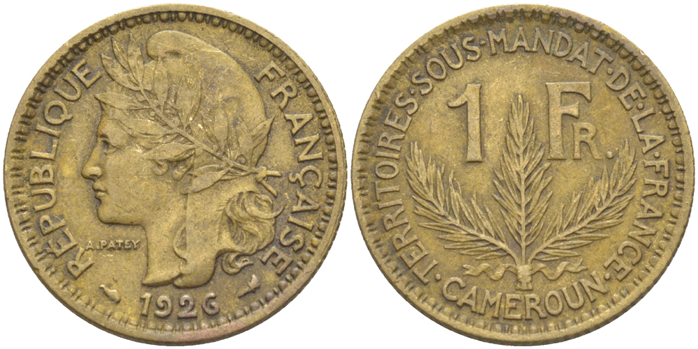 Французский Камерун 1 франк 1926 (а), монетный двор Париж KM 2 алюминиевая бронза 63-211