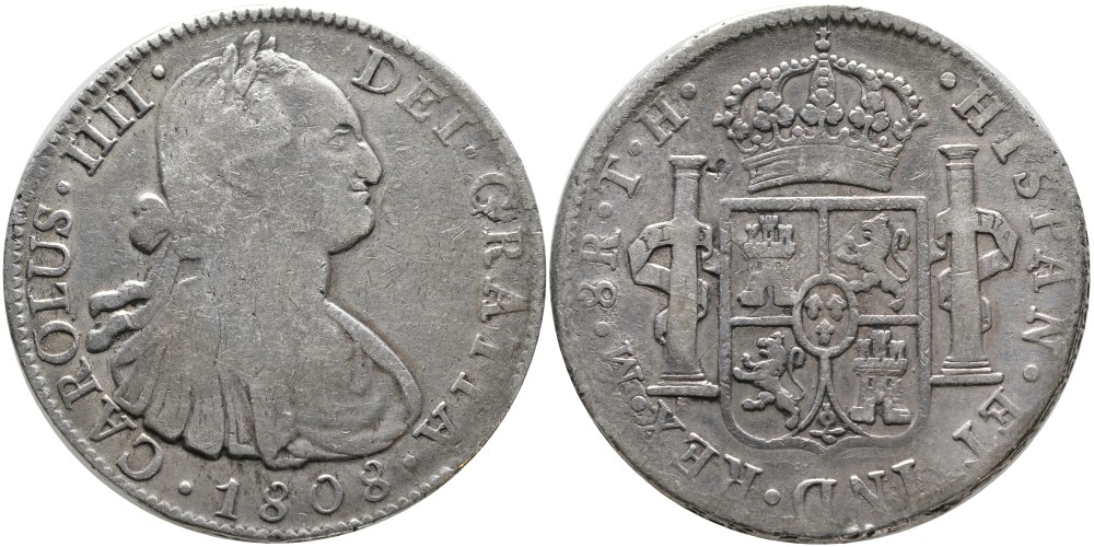 Мексика 8 реалов 1808 ТН, монетный двор Мо (Мехико Сити), Карл IV Испанский (1788-1808) KM 109 серебро    1519-1311