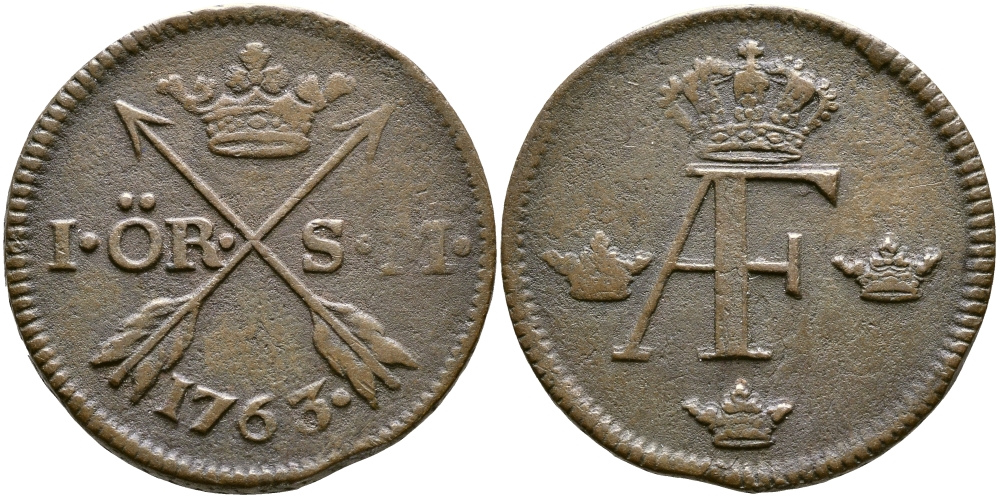 ШВЕЦИЯ 1 ЭРЕ 1763 S.M. KM 416.2 медь 53-1226