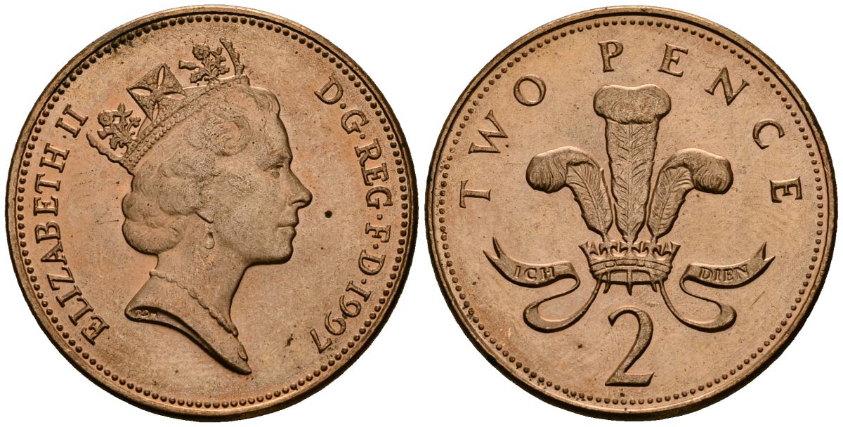 Великобритания 2 пенса 1997 Елизавета II (1952-2022) KM 936a, Spink 4376 (C4) сталь плакированная медью 3333-1221