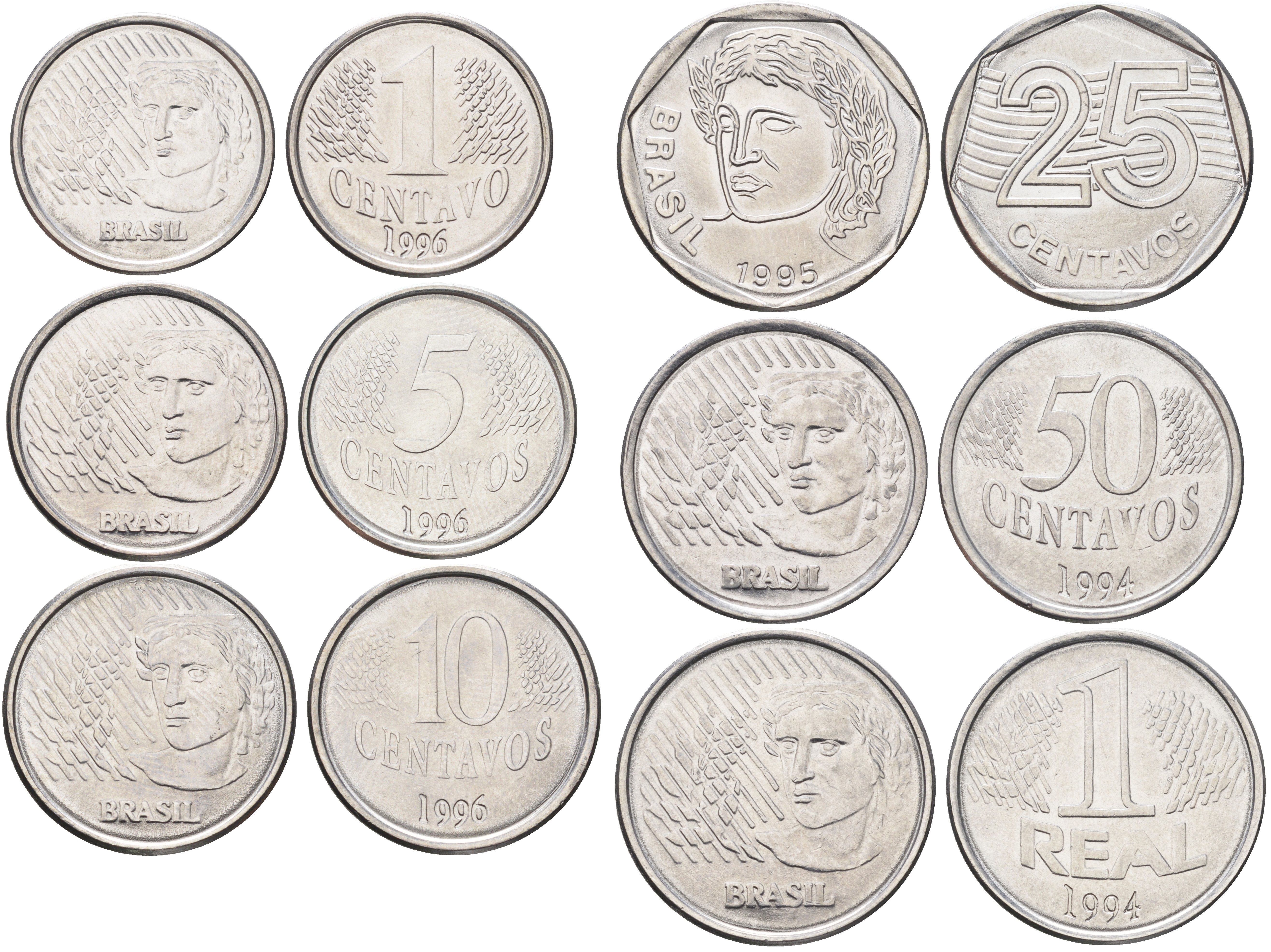 Бразилия набор из 6 монет (1, 5, 10, 25 и 50 сентаво; 1 реал) KM 631, 632, 633, 634, 635 и 636 нержавеющая сталь UNC 4666-1225-1227