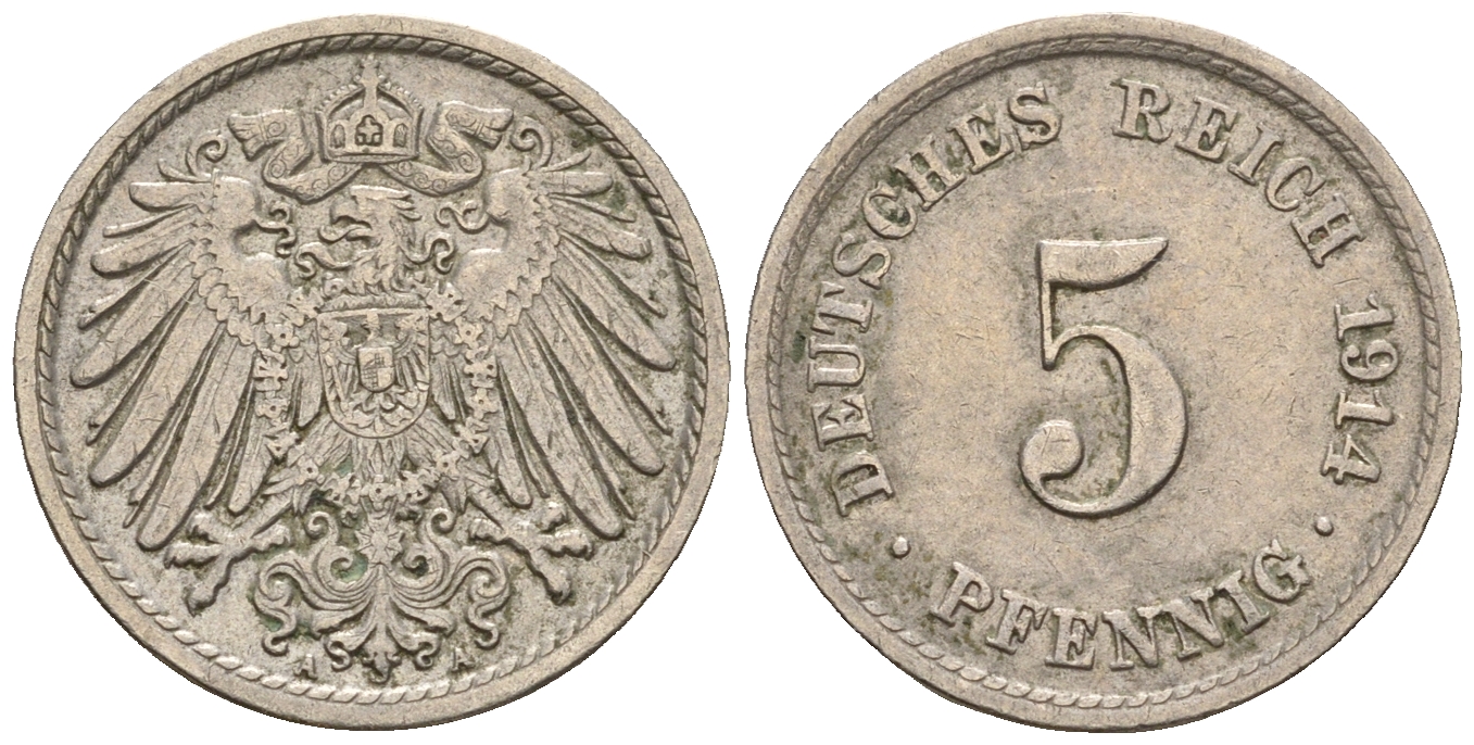 Германия 5 пфеннигов 1914 A, KM 11, J. 12 медно-никель 220-735