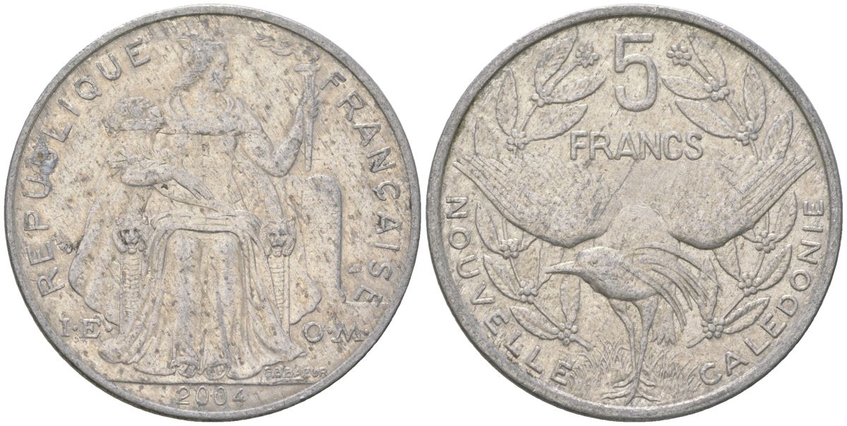 Французская Новая Каледония 5 франков 2004 птица кагу, (IEOM) KM 16, Schoen 12, Lec 81i алюминий 189-1222