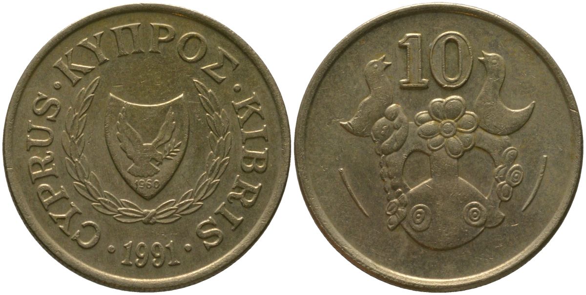 Кипр 10 центов 1991 KM 56.3 никель латунь 4380-315