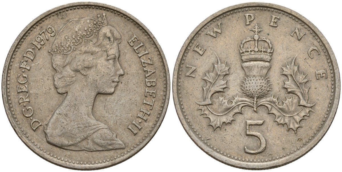 Великобритания 5 пенсов 1979 Елизавета II (1952-2022) KM 911, Spink 4233 (D1) медно-никель 4156-527