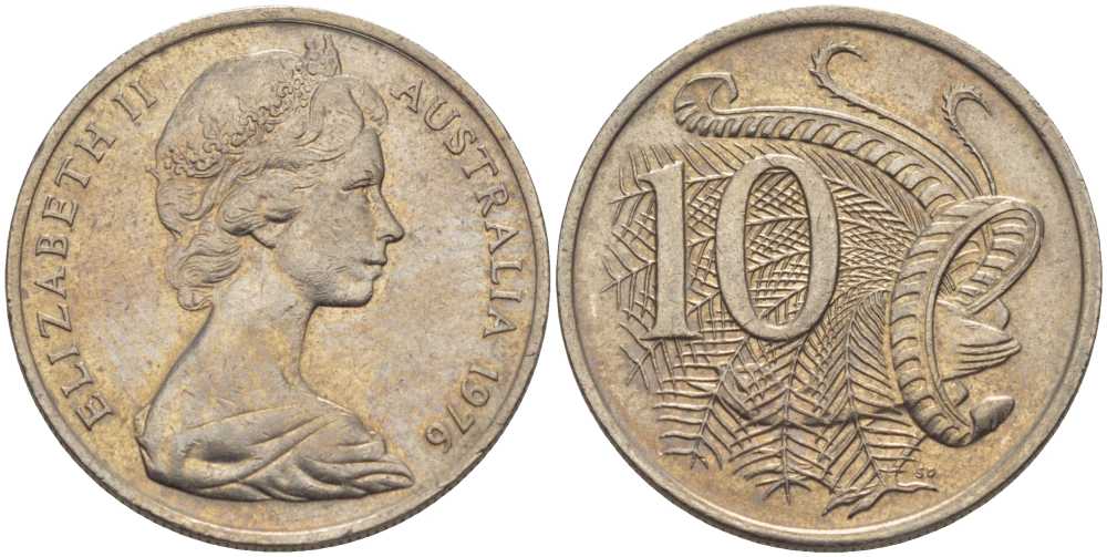 Австралия 10 центов 1976 Елизавета II (1952-), птица лирахвост KM 65 медно-никель 4382-956