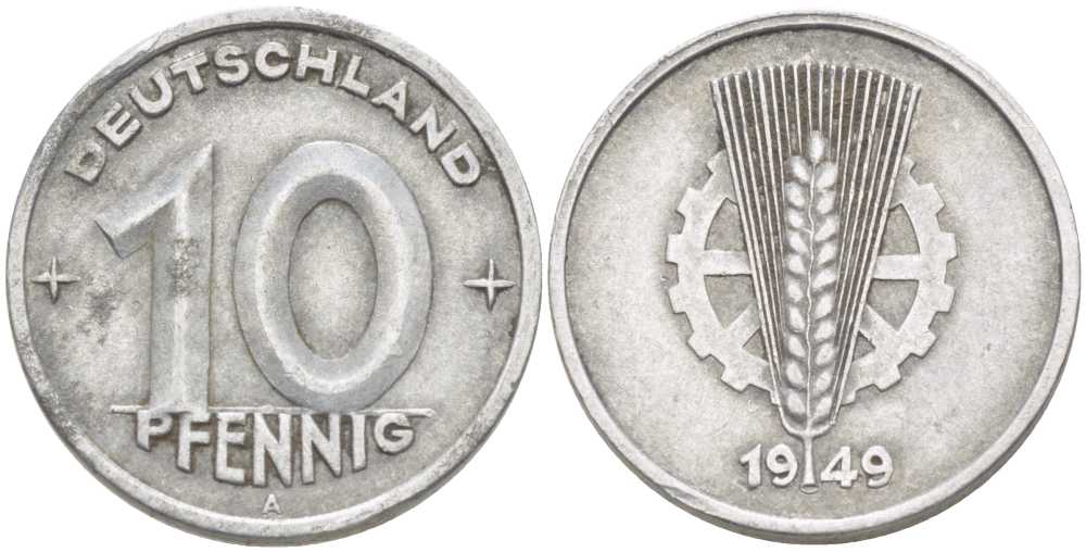 ГДР 10 ПФЕННИГОВ 1949 A KM 3 алюминий 212-851