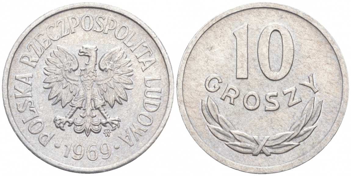ПОЛЬША 10 ГРОШЕЙ 1969 MW KM АА47 алюминий UNC 99-828