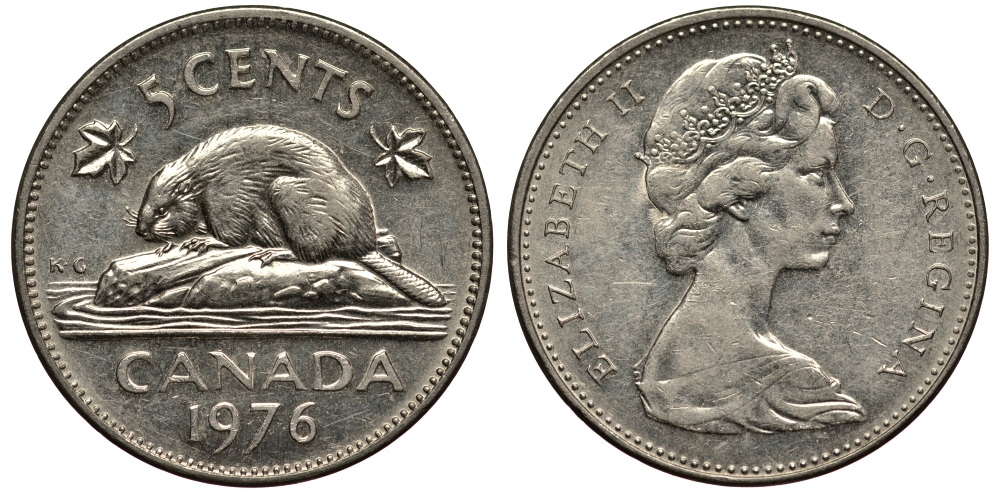Канада 5 центов 1976 бобр, Елизавета II (1952-2022) KM 60.1 никель 4182-251