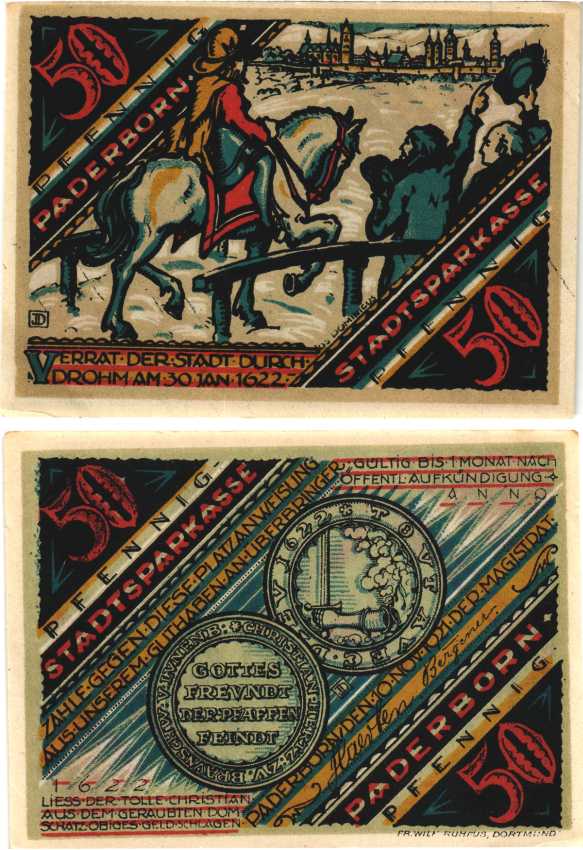 ПАДЕБОРН 50 ПФЕННИГОВ 1921 НОТГЕЛЬД, 10 НОЯБРЯ 1921, ЗЕМЛЯ СЕВЕРНЫЙ РЕЙН-ВЕСТФАЛИЯ Grabowski 1043.3 бумага 7484-69-3-1