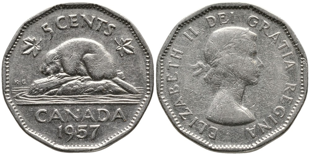 КАНАДА 5 ЦЕНТОВ 1957 ЕЛИЗАВЕТА II (1952-), БОБР, ПЕРВЫЙ ПОРТРЕТ KM 50а никель 4543-611