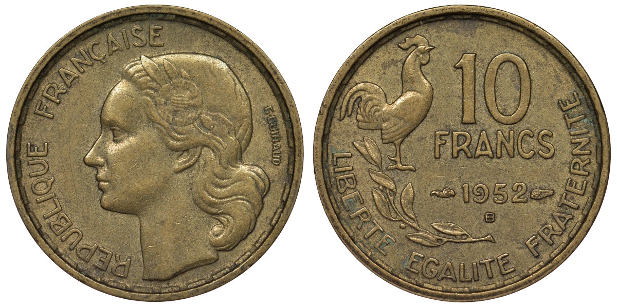 Франция 10 франков 1952 B, петух KM 915.2, Le Franc 363.5 алюминиевая бронза 4128-454