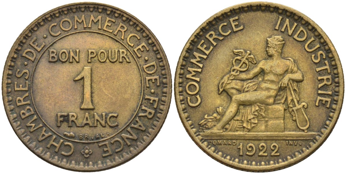 Франция 1 франк 1922 KM 876, Le Franc 218.5 алюминиевая бронза 4142-622