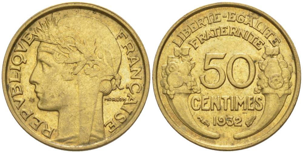 ФРАНЦИЯ 50 САНТИМОВ 1932 ТИП MORLON, OPEN 9, С ЯГОДОЙ KM 894.1, LE FRANC 192.7 алюминиевая бронза 44-668