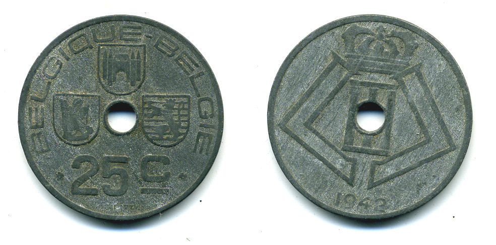 БЕЛЬГИЯ 25 САНТИМОВ 1942 BELGIQUE-BELGIE, ГЕРМАНСКАЯ ОККУПАЦИЯ, ВТОРАЯ МИРОВАЯ ВОЙНА KM 131 цинк 86-1234