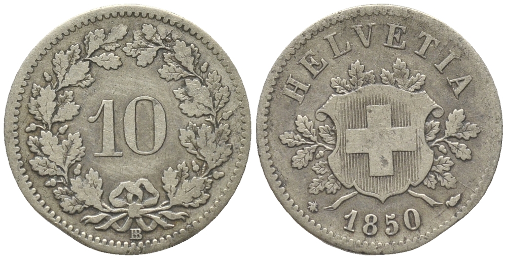 Швейцария 10 раппенов 1850 ВВ первый год KM 6 серебро 100-824