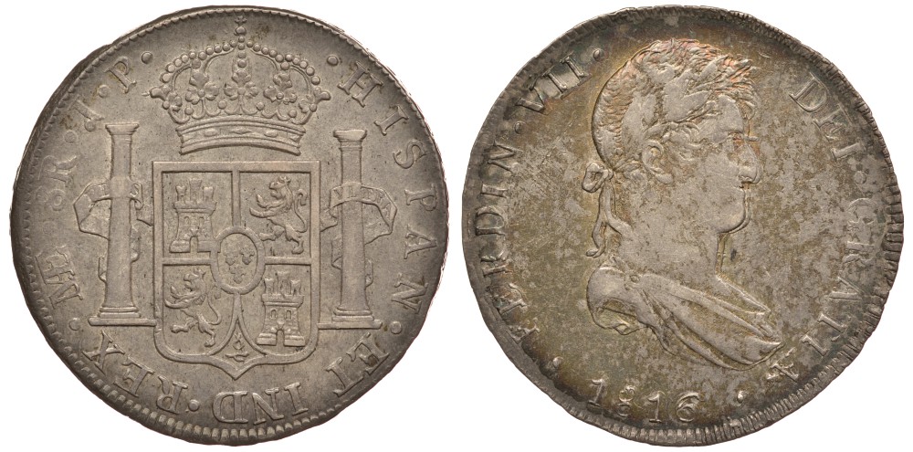 Перу 8 реалов 1816 JP, монетный двор ME (Лима), Фердинанд VII Испанский (1808-1821), красивая золотисто-голубая патина KM 117.1 серебро 00-802-06