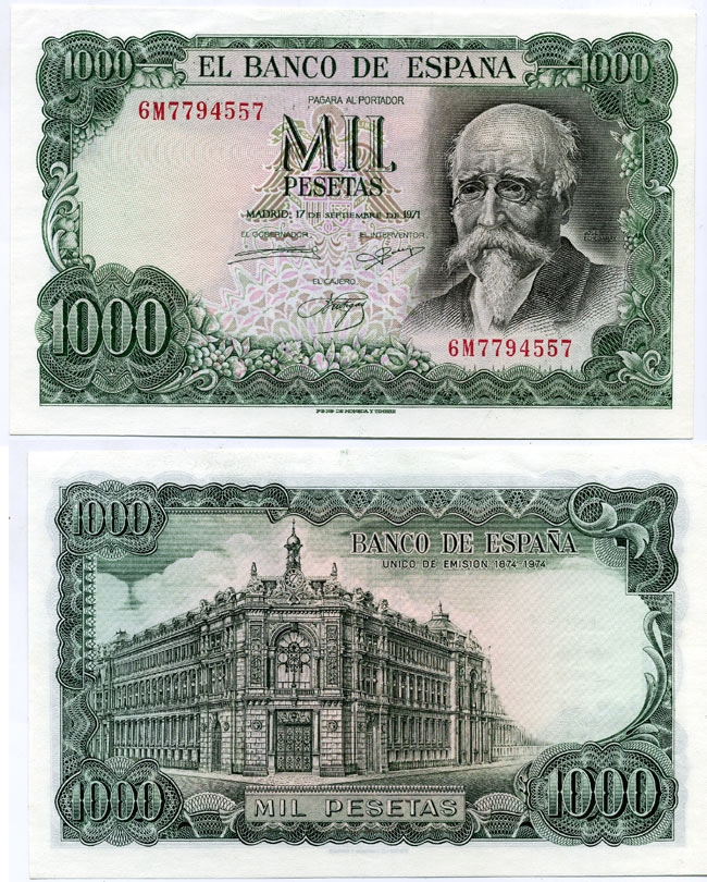 Испания 1000 песет 1971 (1974) Хосе Эчегерай-и-Эйсагирре, 100 лет со дня того, как Banco de España стал единственным банком-эмитентом (1874–1974) Pick 154 бумага UNC (пресс) 451-161-1