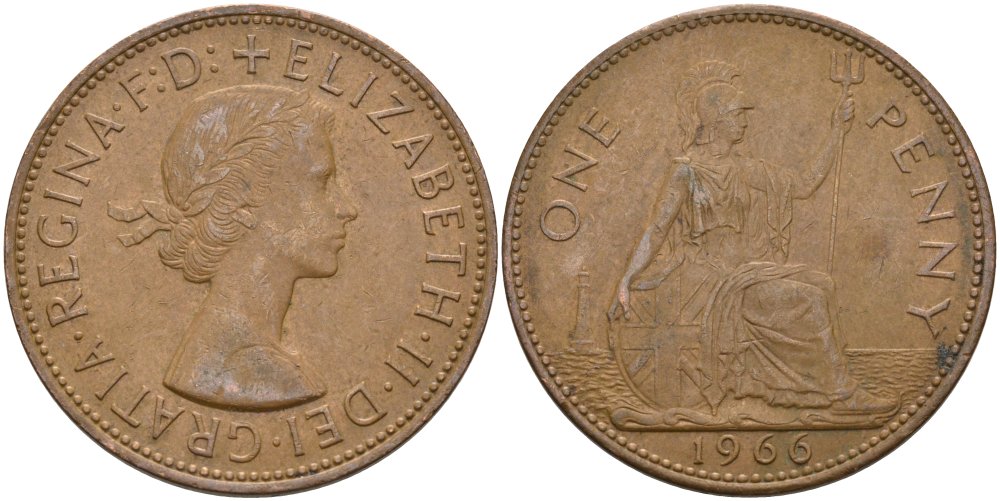Великобритания 1 пенни 1966 Елизавета II (1952-2022) KM 897, Spink 4157 бронза 4574-246
