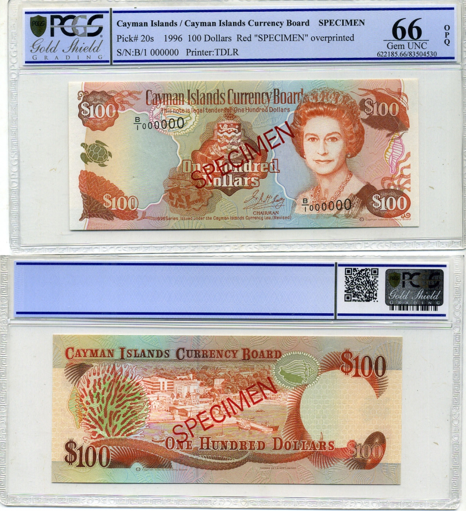 Каймановы острова набор из 5 банкнот 1996 образец, Specimen, в слабах PCGS: 1 доллар 66 Gem UNC, 5 долларов 66 Gem UNC, 10 долларов 67 Superb Gem UNC, 25 долларов 67 Superb Gem UNC, 100 долларов 66 Gem UNC 452-1-46