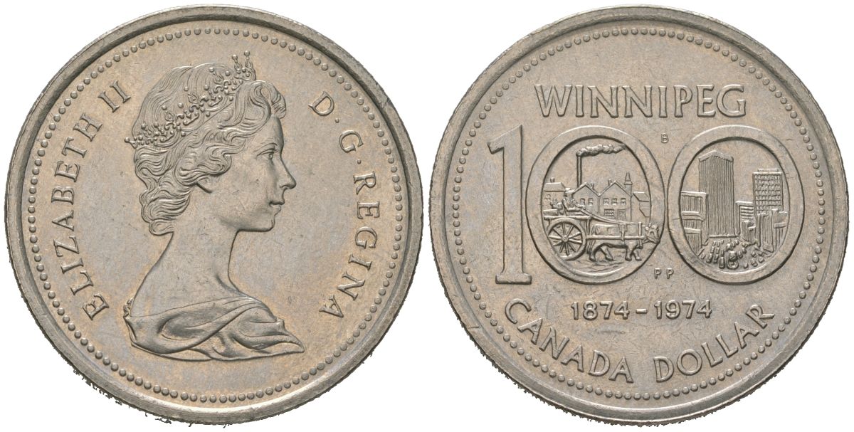 Канада 1 доллар 1974 100 лет городу Виннипег KM 88 никель aUNC 4389-443