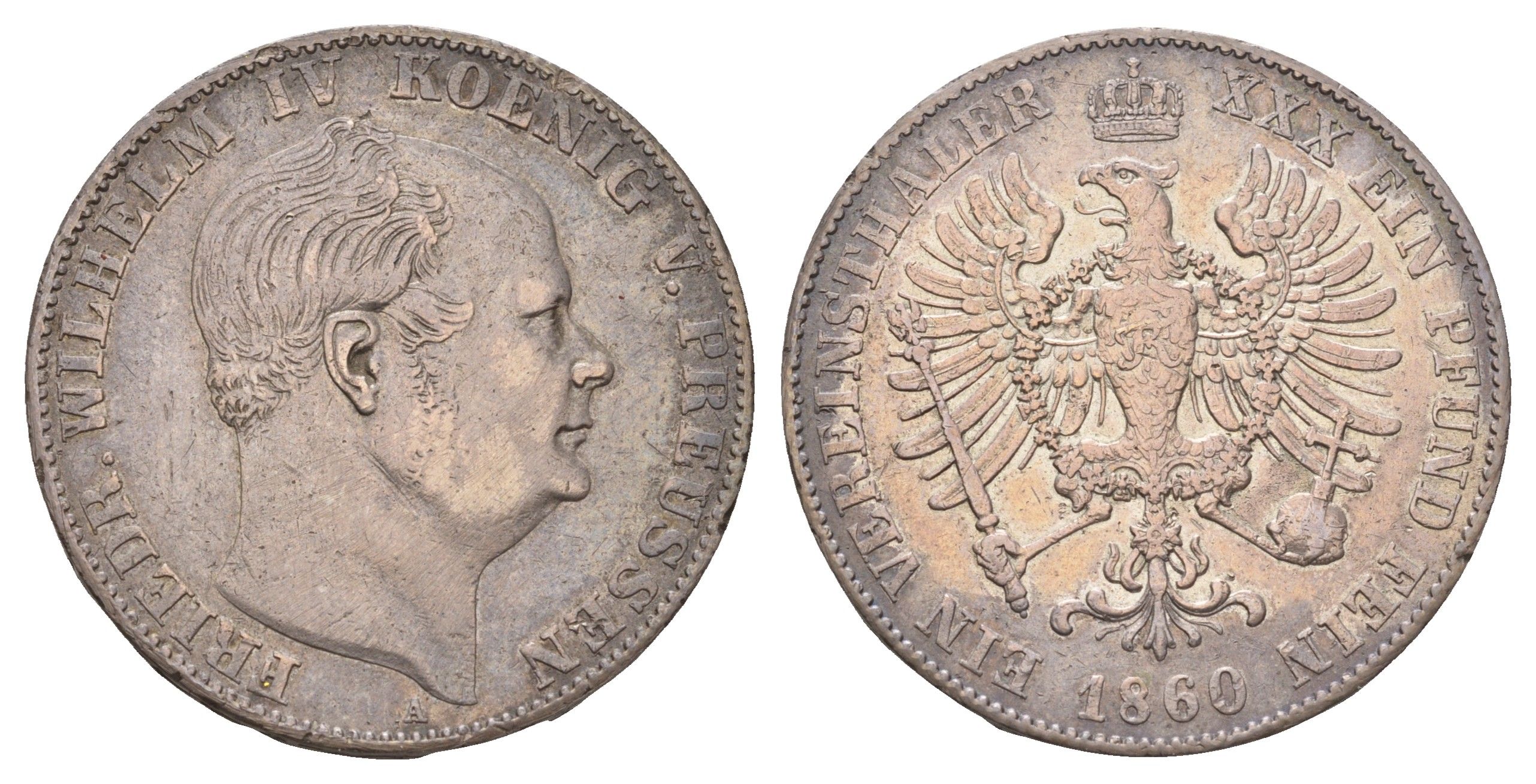 Пруссия 1 союзный талер 1860 A, Фридрих Вильгельм IV (1840-1861) KM 471 серебро 4044-612