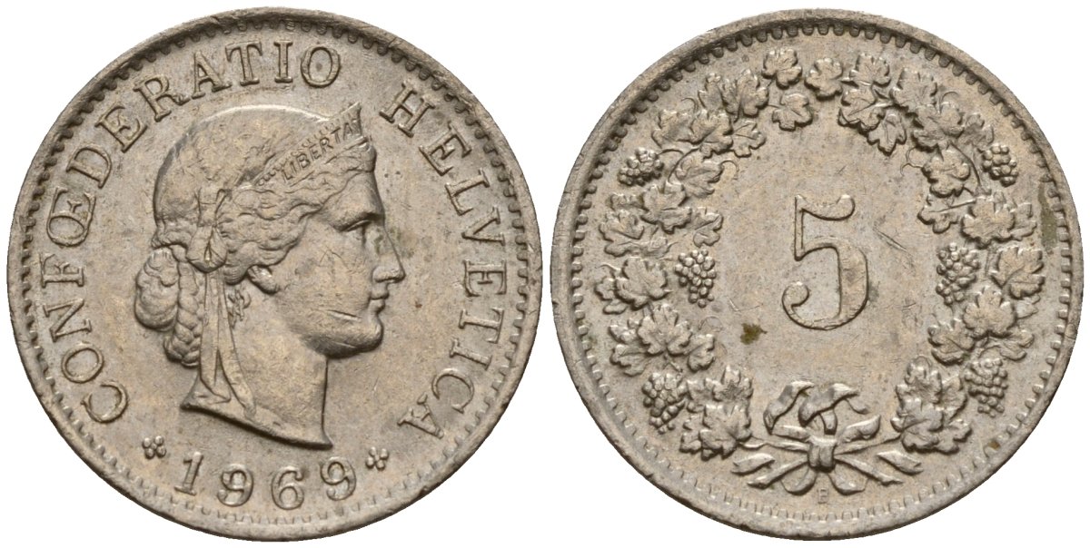 Швейцария 5 раппенов 1969 KM 26 медно-никель 4154-944