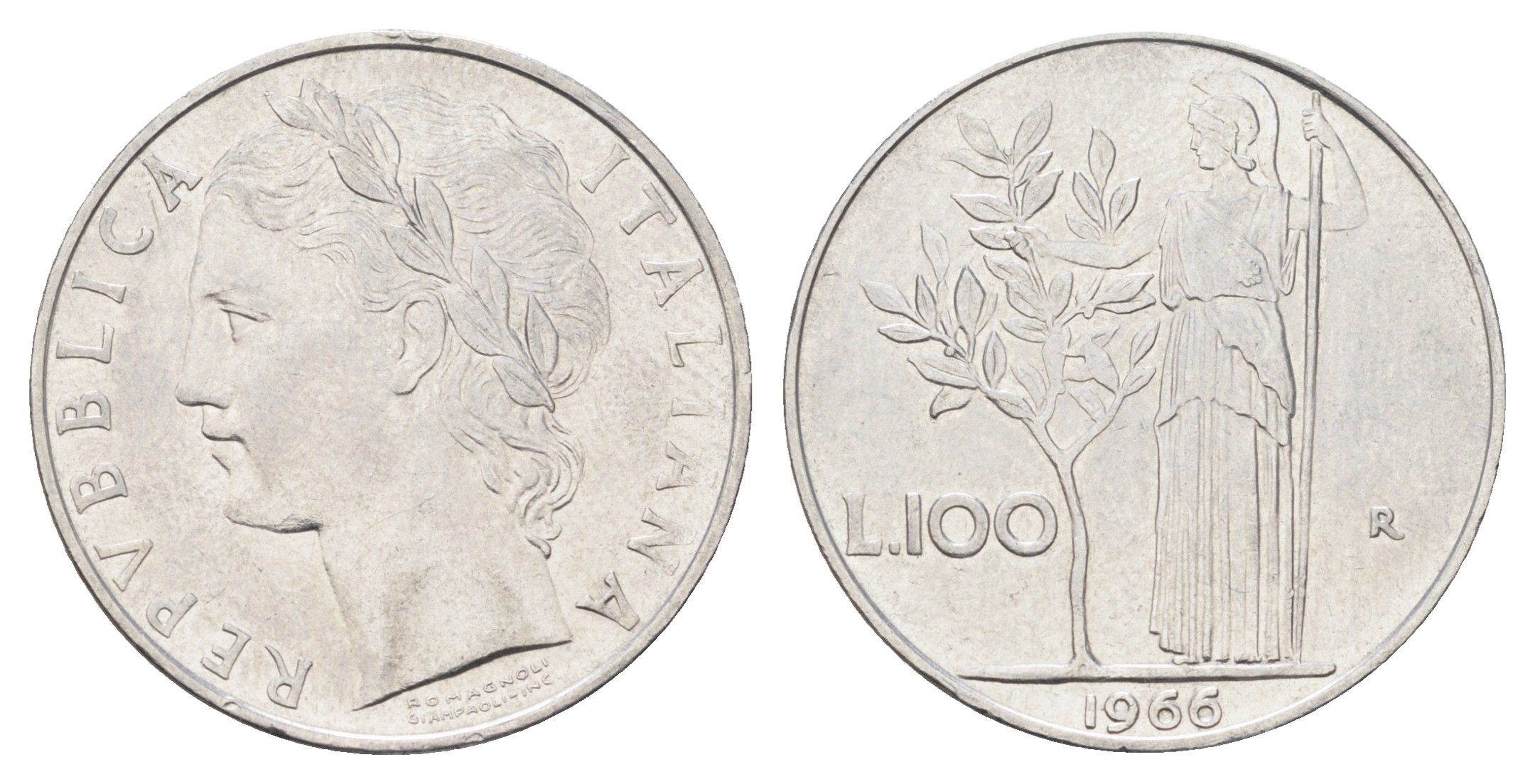 Италия 100 лир 1966 R, Афина в доспехах KM 96.1 нержавеющая сталь 4704-713