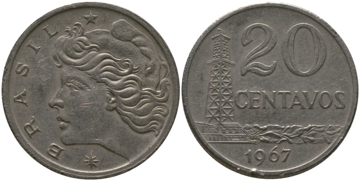 Бразилия 20 сентаво 1967 голова Свободы влево KM 579.1, Schon 84 медно-никель 4577-552