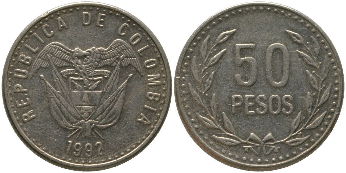 Колумбия 50 песо 1992 KM 283.1 никель латунь 4538-935