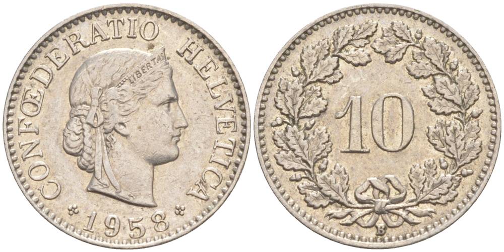 Швейцария 10 раппенов 1958 B KM 27 медно-никель     55-252