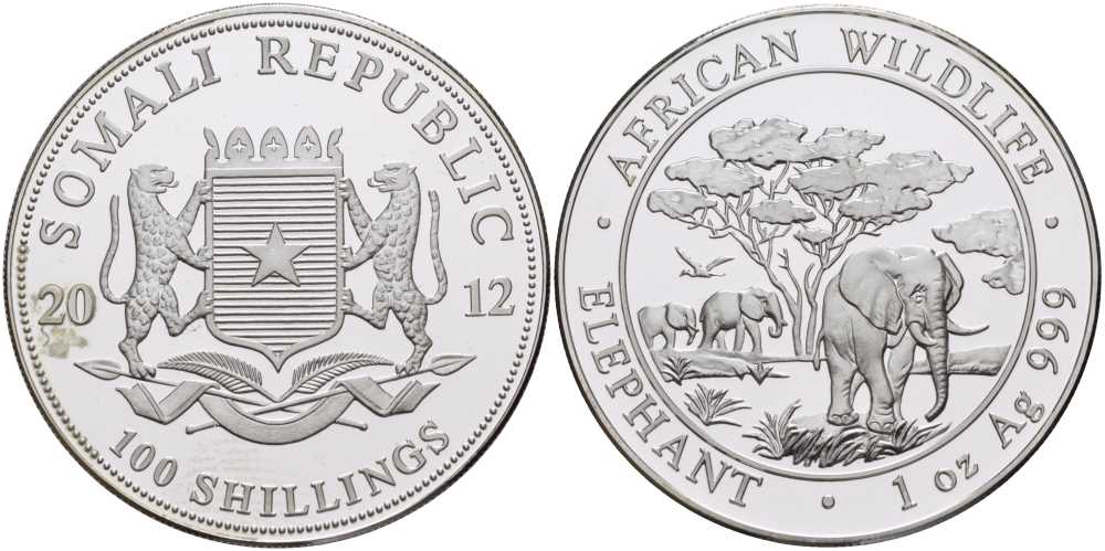 Сомали 100 шиллингов 2012 серия охрана окружающей среды, африканские слоны, 1 унция KM NEW серебро PROOF 1076-7-63