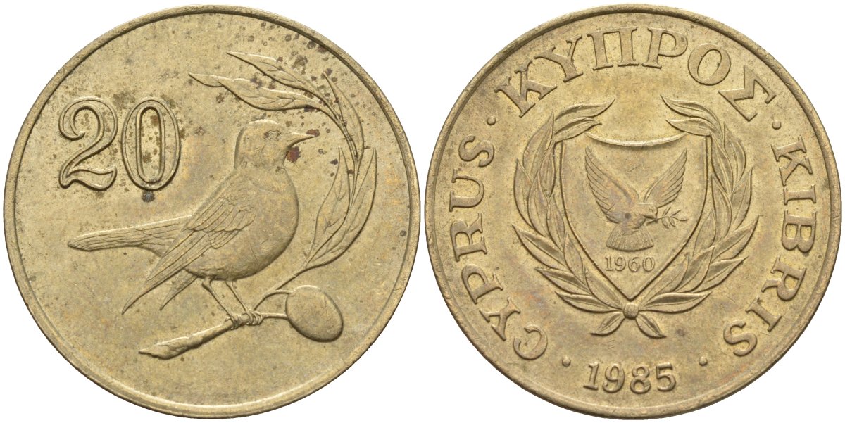 Кипр 20 центов 1985 KM 57.2 никель латунь 4140-732