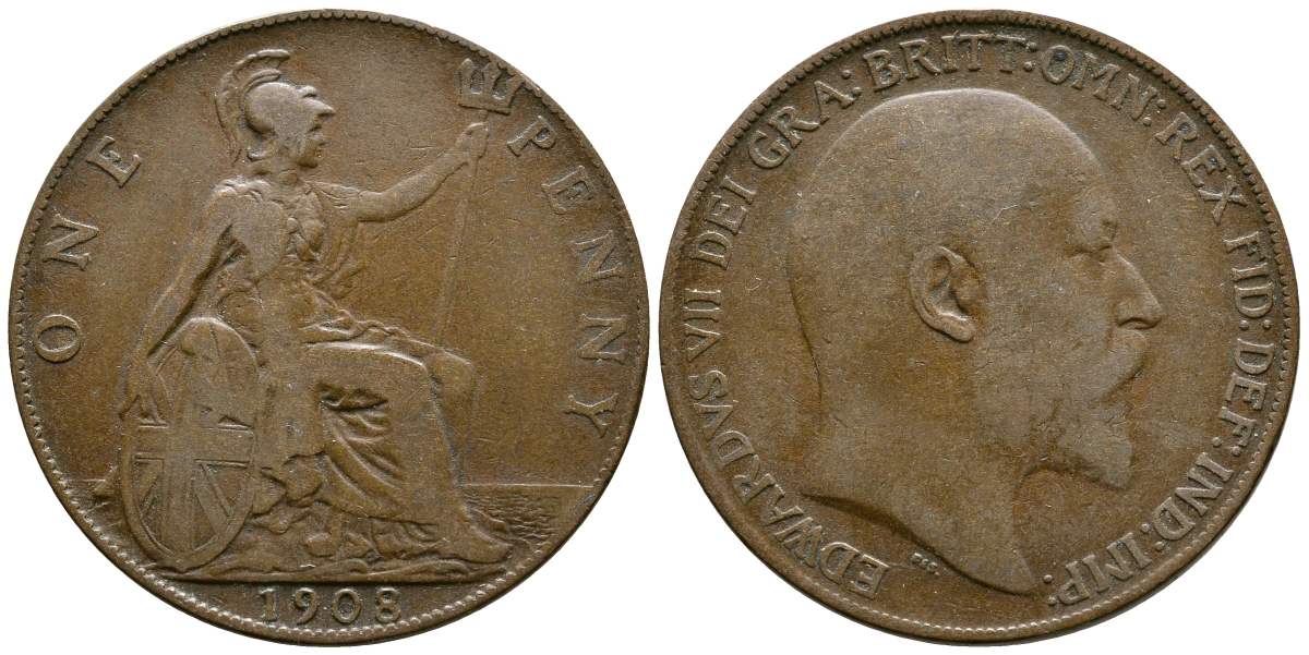 Великобритания 1 пенни 1908 Эдуард VII (1901-1910) KM 794.2, Spink 3990 бронза 37-614
