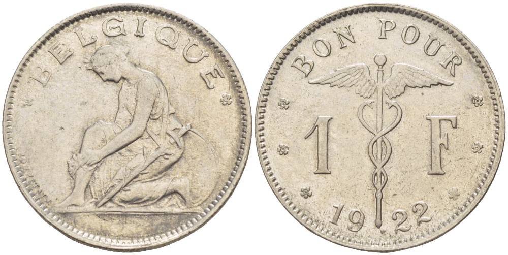 Бельгия 1 франк 1922 Belgique, Альберт I (1910-1934) KM 89 никель 4546-223