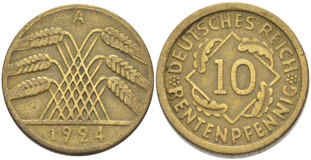 ГЕРМАНИЯ 10 РЕНТЕНПФЕННИГА 1924 A KM 33, J.309, Weege 8 алюминиевая бронза 202-234