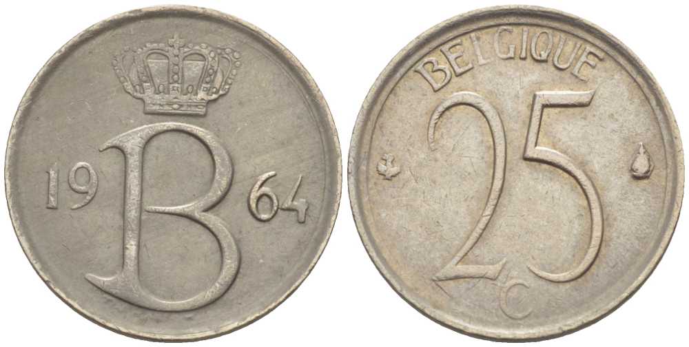 Бельгия 25 сантимов 1964 Belgique, Бодуэн I (1951-1993) KM 153.1 медно-никель 214-426