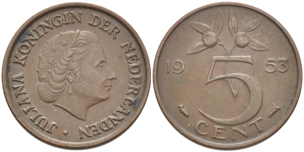 Нидерланды 5 центов 1953 Юлиана (1948-1980) KM 181 бронза 3856-1212