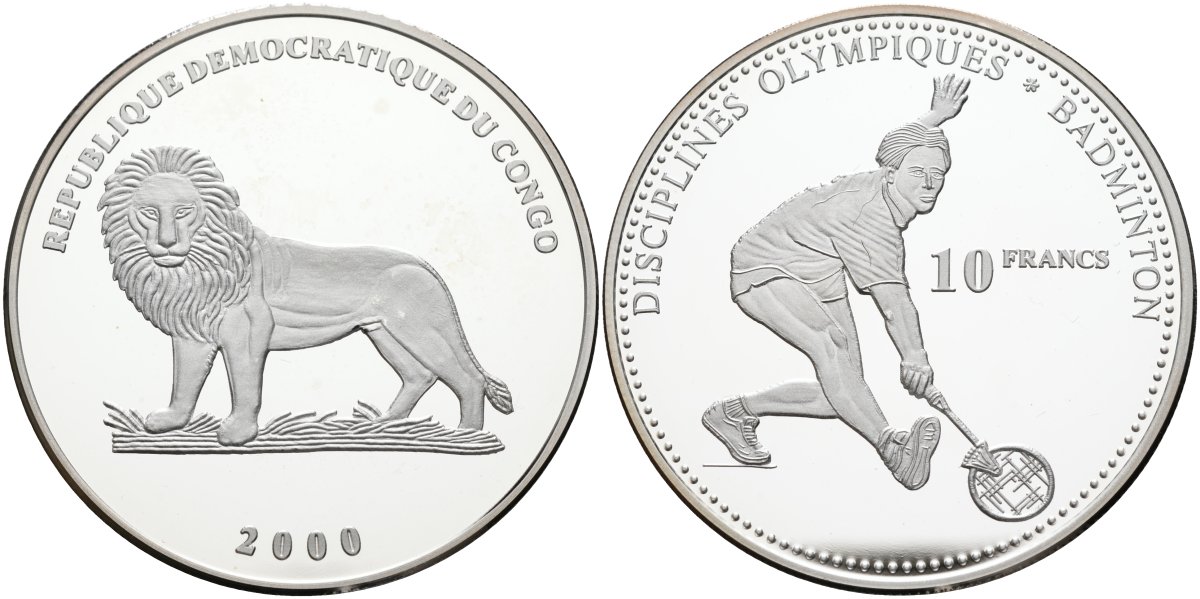 Конго 10 франков 2000 олимпийские дисциплины, бандминтон KM 54 серебро PROOF 04-319-23