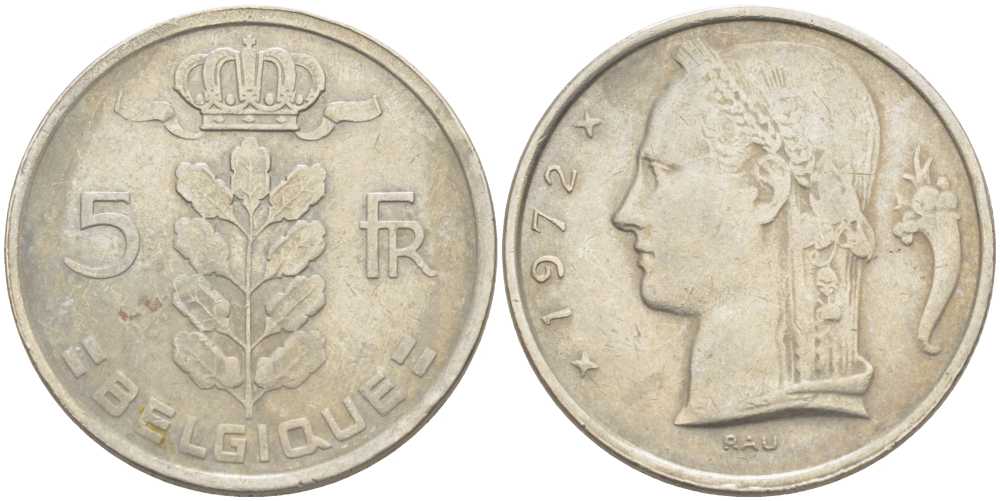 Бельгия 5 франков 1972 Belgique, Бодуэн I (1951-1993) KM 134.1 медно-никель 213-614