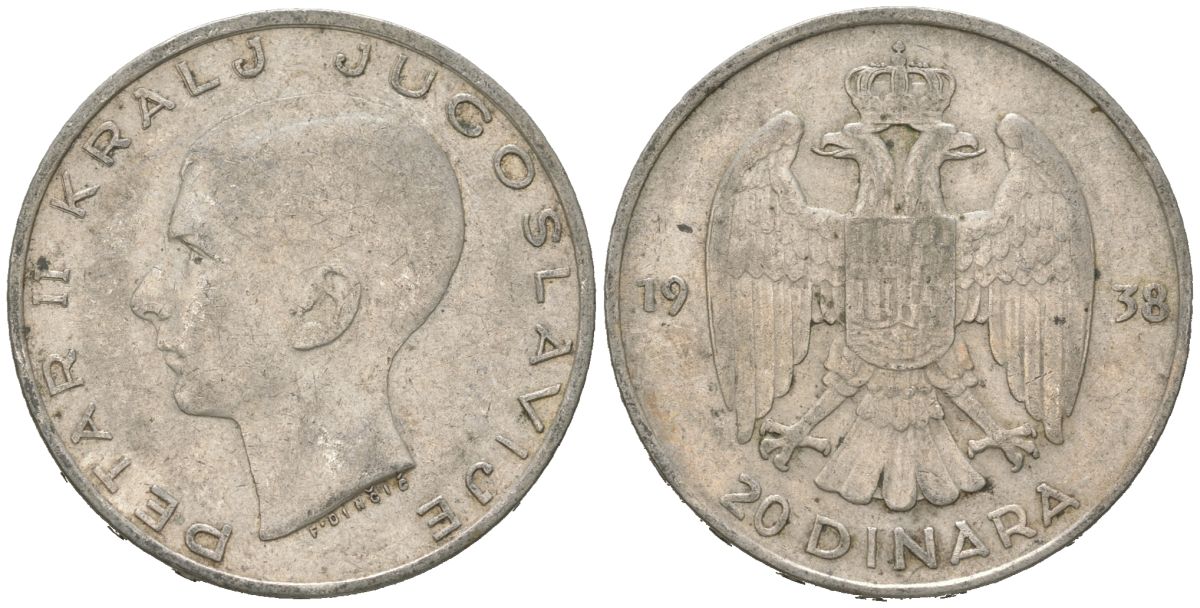 Югославия 20 динаров 1938 Петр II (1934-1945) KM 23 серебро 4177-636