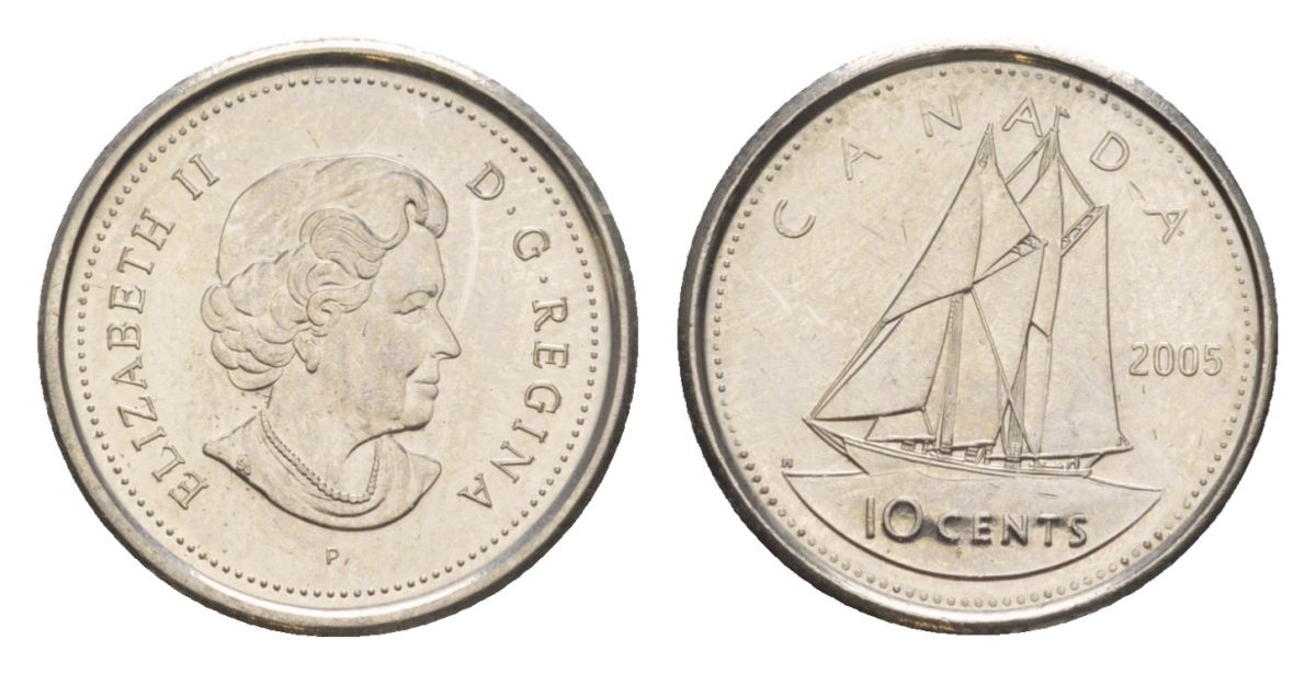 Канада 10 центов 2005 P, Елизавета II (1952-2022), парусник KM 492 сталь плакированная никелем UNC 4630-857