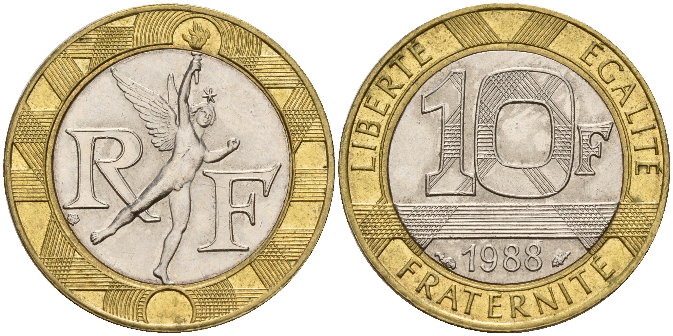 Франция 10 франков 1988 тип гений Бастилии KM 964.1, Le Franc 375.2 биметалл 4601-925